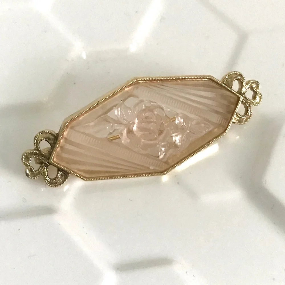 Vintage blush rose etched glass filigree brooch